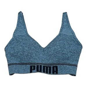 Puma Sports Bra Womens Small Blue Gray Heather Seamless Removable Pads Pullover